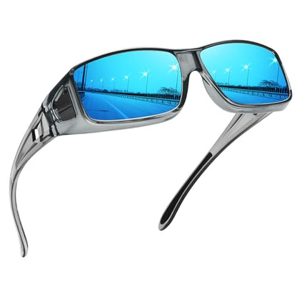 MEETSUN Fit Over Glasses Sunglasses for Men Women,Wrap Around Sunglasses Polarized UV400 Protection - color: A1-clear Gray Frame-blue Mirror Lens