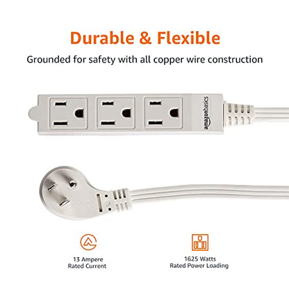 Amazon Basics 3-Prong Indoor Rectangle Extension Cord Power Strip, Flat Plug, Space-Saving, Grounded, 3 Outlets, 13 Amps, 125 VAC, 3 ft, White, 2-Pack - size: 3 ft
