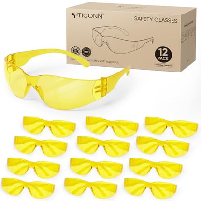 TICONN Clear Safety Glasses for Men and Women, Safety Goggles with Scratch Impact Resistant Meets ANSI Z87.1 Standard - style: 12 Pairs Yellow