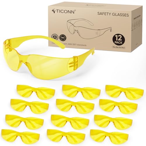 TICONN Clear Safety Glasses for Men and Women, Safety Goggles with Scratch Impact Resistant Meets ANSI Z87.1 Standard - style: 12 Pairs Yellow