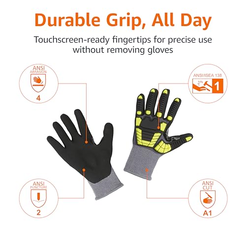 Amazon Basics Safety Work Gloves, Cut Level A1, Abrasion ANSI Level A4, Impact-Resistant, Touch Screen Friendly, 15G Sandy Nitrile Palm, Yellow, Size XXXS, Pack of 120 Pairs - size: 3X-Small