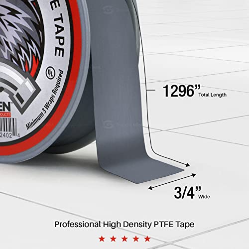 SUPPLYGIANT UUD3496H-5 PTFE Thread Seal Tape for Plumbers, Gray 3/4 Inch x 1296 Inch (Pack of 5 Rolls)