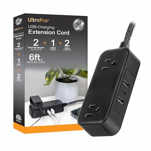 GE Flat Plug Power Strip Extension Cord with USB Ports, Travel Power Strip with 2 Outlets 3 USB Ports, Cruise Ship Essentials, 6 Ft Braided Small Extension Cord Flat Wall Plug, ETL Listed Black, 82586 - color: Black