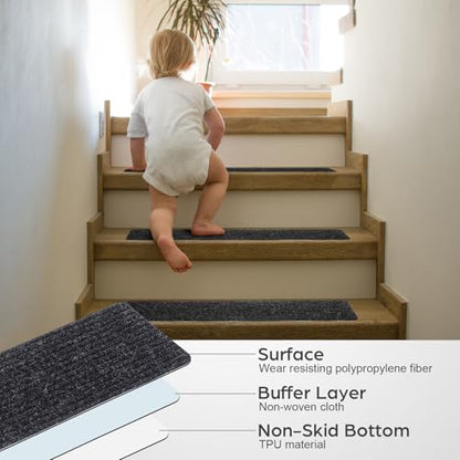 Homoyoyo 2Pcs Garage Stair Treads: Stair Treads Collection Indoor Skid Slip Resistant Skid Resistant Carpet Glue-Free Self-Adhesive Anti-Slip Mats Double Stripes for Repeated Use (Black,29X8X0.2inch) - color: Black