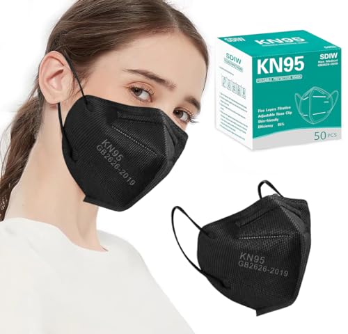 50PCS KN95 Face Masks Black 5 Layer Cup Dust Safety Filter Efficiency≥95% with Elastic Ear Loops and Nose Bridge Clip Breathable Mask - color: Black-50pcs
