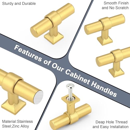 5Pack Single Hole Brushed Brass Cabinet Knobs T Shaped Dold Kitchen Cabinet Knobs Hardware Pull Knob for Cabinets and Drawers 50mm Total Length - color: Brushed Brass, size: Single Hole-2inch Length