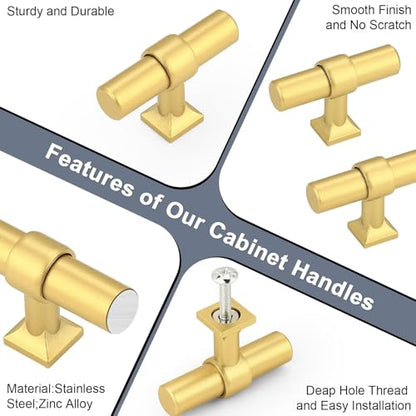 5Pack Single Hole Brushed Brass Cabinet Knobs T Shaped Dold Kitchen Cabinet Knobs Hardware Pull Knob for Cabinets and Drawers 50mm Total Length - color: Brushed Brass, size: Single Hole-2inch Length