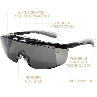 HTS HUNTERSKY ANSI Z87.1+ Anti Fog Lab Safety Glasses Fit Over Eyeglasses Up to 1.88 inch 100% UV Protective OTG Goggles - color: 3906s Black-gray / Gray Lens