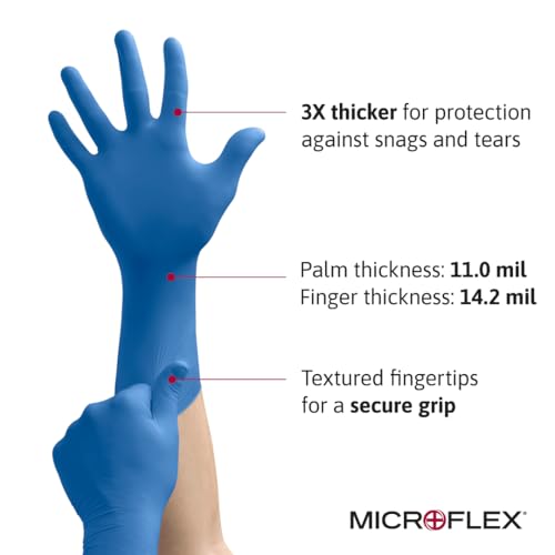 Ansell MICROFLEX SafeGrip SG-375 Extra Thick Disposable Latex Gloves for Life Sciences, Automotive w/Textured Fingertips - Large, Blue (Box of 50)