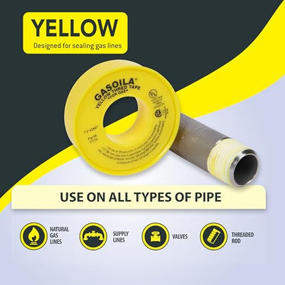 Gasoila Yellow PTFE Thread Seal Tape – Professional-Grade, 1/2 Inch x 260 Inch, High-Density Thread Tape for Gas Lines– Leak-Proof Seal, Non-Toxic - size: 1/2 Inch x 260 Inch Roll- 1 Pack