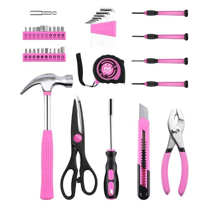 DOWELL 40 Pieces Home Tool Set Pink, General Household Hand Tool Kit with Plastic Toolbox Storage Case, Mini Repair Tool kit for Women, College Students, Home Use & More - color: Pink