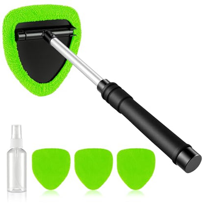 JUSTTOP Windshield Cleaner Tool, Car Interior&Exterior Window Cleaning Tool with Extendable Handle & 4 Reusable Microfiber Pads, Auto Glass Wiper Brush Kit for Cars (Green) - color: Green