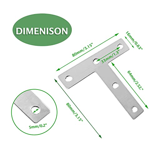 Uenhoy 10 Pcs T Shape Flat Mending Plates 80mm x 80mm (3.15" x 3.15") T Corner Braces T Bracket Connector Fixing Repair Plates for Furniture, Silver - size: 80x80mm/3.15"x3.15", style: T Shape