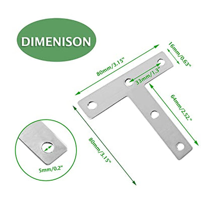 Uenhoy 10 Pcs T Shape Flat Mending Plates 80mm x 80mm (3.15" x 3.15") T Corner Braces T Bracket Connector Fixing Repair Plates for Furniture, Silver - size: 80x80mm/3.15"x3.15", style: T Shape