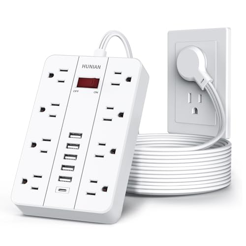 10 Ft Long Extension Cord,Power Strip Surge Protector HUNIAN Flat Plug with 8 Widely Spaced Outlets 6 USB(1 USB C Port), Wall Mount Charging Station for Home and Office,White - color: White, size: 10FT