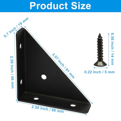 4 Pcs Triangle Corner Brace Brackets with Screws, 66mm x 66mm Angle Shelf Bracket for Furniture Reinforcement, Desk Connector, Bed Frame Support (Black)