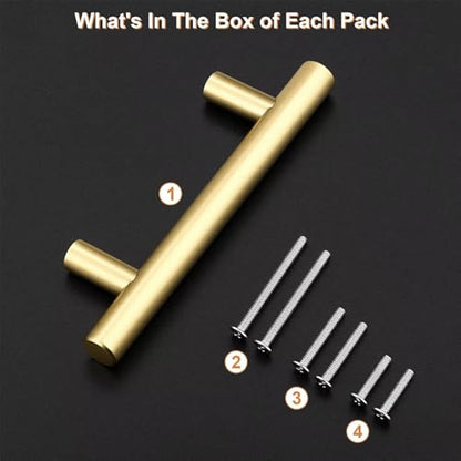 Probrico 5 Pack Hole Centers (76mm) 3inch Gold Kitchen Cabinet Handles Stainless Steel Polished Gold Cabinet Pulls Round T Bar Pull Handle for Cabinets and Drawers Total Length 5inch(127mm) - color: Gold, size: Hole Centers: 3"