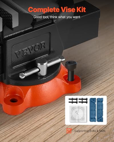 VEVOR Bench Vise, 5" Jaw Width, 5" Max Jaw Opening Multipurpose Vise with 360° Swivel Locking Base, 2.8" Throat Depth, Heavy Duty Ductile Iron Workbench Vise with Anvil, for Clamping Round Pipes - size: 5-inch