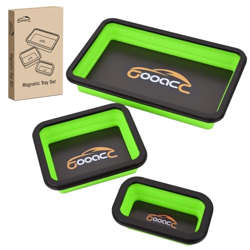 GOOACC 3 Sizes Collapsible Magnetic Parts Tray Set Green Silicone Foldable Tool Trays Organizer for Screws Bolts Nuts Pins Washers and Other Small Metal Parts Double Sided Magnet Base - color: Green