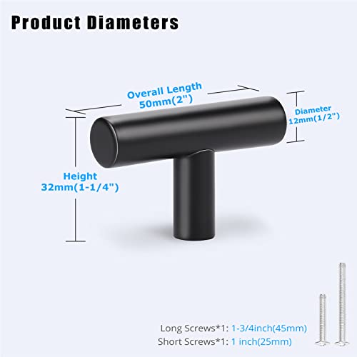 KNOBWELL 6 Pack Single Hole Black Cabinet Knobs, 2" Modern Matte Black Drawer Knobs T Bar Stainless Steel Kitchen Cabinet Knobs and Pulls - color: Black, size: 2 inch(50mm)