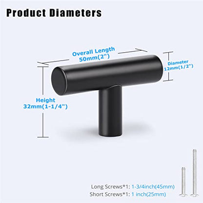 KNOBWELL 6 Pack Single Hole Black Cabinet Knobs, 2" Modern Matte Black Drawer Knobs T Bar Stainless Steel Kitchen Cabinet Knobs and Pulls - color: Black, size: 2 inch(50mm)