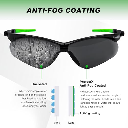 ProtectX Safety Glasses for Men & Women, Safety Sunglasses with Anti-Fog Scratch Resistant Lenses, Non-Slip Grips, ANSI Z87.1 - color: Evergreen Tinted Smoke 1 Pk