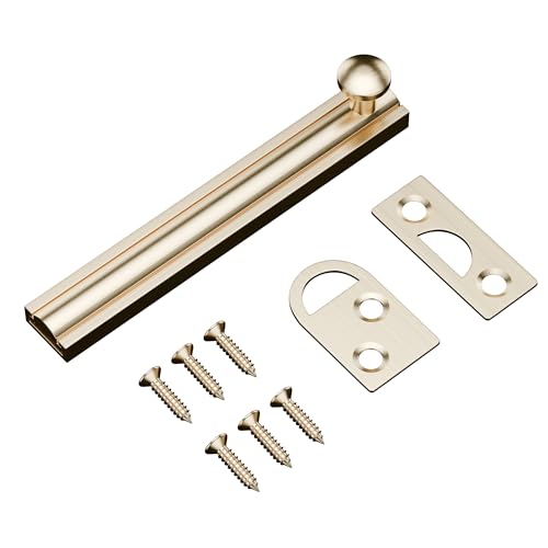 4 Inch Solid Brass Surface Bolt, Heavy Duty Concealed Slide Surface Door Bolt, Slide Bolt Latch French Door Lock with Screws for Windows Cabinet Wooden Fence Yard, Brushed Gold, 1 Pack - color: Brushed Gold-1 Pack, size: 4 Inch