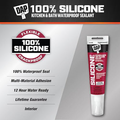 DAP 100% Silicone Rubber Kitchen, Bath & Plumbing Bath Sealant, Clear, 2.8 Oz (7079800751)