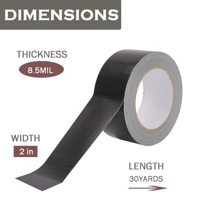 Duct Tape Black 2 Inches x 30 Yards, No Residue, Waterproof, Tear by Hand, Heavy Duty, Strong Adhesive Black Duct Tape for Repairs, Industrial, Professional Use - color: Black