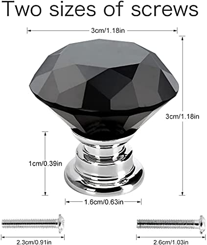Akstore 6 Pcs Crystal Glass Cabinet Knobs 30mm Diamond Shape Drawer Kitchen Cabinets Dresser Cupboard Wardrobe Pulls Handles (30mm, Black) - color: Black, size: 30 mm