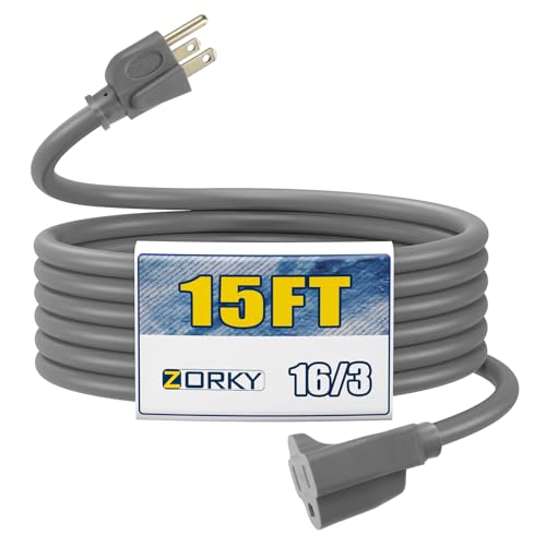 15ft Outdoor Extension Cord for Christmas Decorations - 16/3 Heavy Duty SJTW Waterproof Gray Electrical Cable with 3 Prong Grounded Plug for Safety, Great for Lawn and Major Appliances - color: Gray, size: 15ft