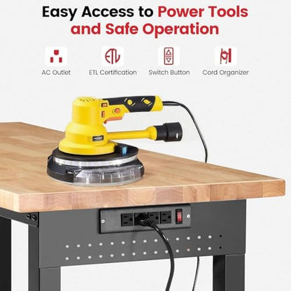 ENJOYWOOD 60" x 22" Heavy Duty Workbench with Wheels, Adjustable Height Garage Work Table with Solid Rubberwood Top, Double Layer Shelf, Sided Pegboard & Power Outlets for Home & Workshop - size: XX-Large
