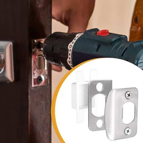 1 Set Door Strike Plate, Standard Door Latch Restorer with Spacer Shim & Dust Box Stainless Steel Security Door Lock Strike Plate Replacement Repair Kits with Screws