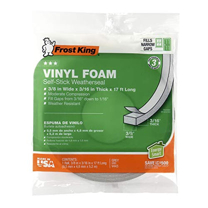 Frost King V443/4 Vinyl Foam Tape, 3/8" X 3/16" X 17', Grey (4-Pack) - color: Gray, size: 3/8" X 3/16" X 17' (4-pack)
