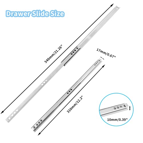Biaungdo 2 Pcs Drawer Slides, 12"/310mm Metal Ball Bearing Side Mount Drawer Slide, Two Way Slide Track Rail for Drawer, 10kg/22.05" Strong Bearing Capacity, Bright Silver, with Fixing Screw