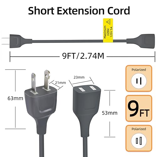 Gray Extension Cord 9FT Thin Flexible Light Duty for Indoor Use 625W 125V 5A 2 Prong Power Cable Plug Ideal for, Humidifier, Holiday Lights, Lamps, Security Cameras, Appliance (1 Pack) - size: 9FT Gray (1Pack)