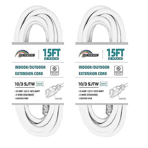 2 Pack Indoor Outdoor Extension Cord Weatherproof with Lighted End, UL Certified, 10 Gauge 15FT White 3 Prong Heavy Duty, 10/3 SJTW 15A Power Cord for Outdoor Lights - size: 15FT-2PK, style: 10/3