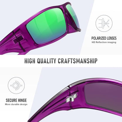 Polarized Sports Sunglasses for Men Women Unbreakable Frame Cycling Fishing Wrap Around Sunglasses UV400 Protection - color: 1-clear Purple/Green Mirror Lens