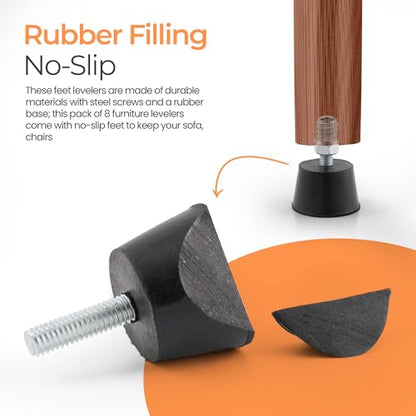NEWBYTEK Adjustable 1/4" Rubber Threaded Furniture Levelers - 8 Pack | Screw-in Table Chair Feet Glides for Chairs, Tables, Cabinets, Patio Furniture - size: 1/4-20 Thread, 8 Pack