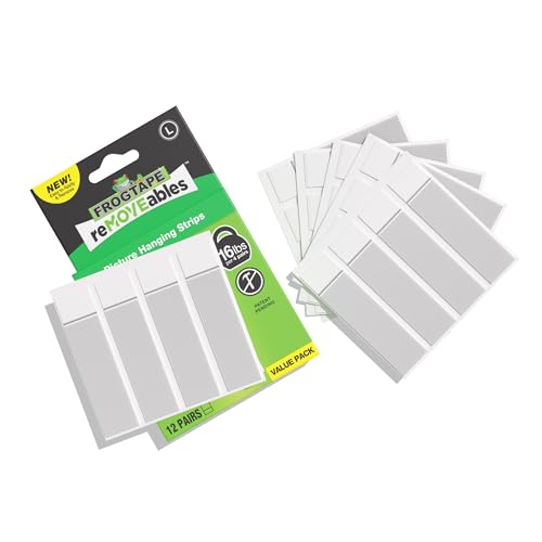 FrogTape reMOVEables Large Picture Hanging Strips - 12 Pairs - 16lbs per 4 Pairs - Damage-Free Removeable Adhesive Wall Strips Picture Hangers for Mounting Frames, Canvas, Home Décor White (24 Pieces) - size: 12 Pairs, style: Large