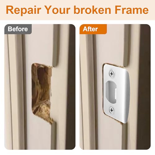 4 Pack Door Latch Strike Plate-Stainless Steel Door Lock Strike Plate Repair Kits-Standard Door Latch Restorer Reinforcement Plate with 6 Wood Dowel Strips for Home Office Door Frame Repair