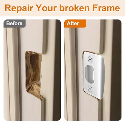 4 Pack Door Latch Strike Plate-Stainless Steel Door Lock Strike Plate Repair Kits-Standard Door Latch Restorer Reinforcement Plate with 6 Wood Dowel Strips for Home Office Door Frame Repair