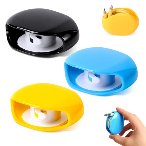 3PCS Automatic Cord Reel, Retractable Cable Reels, Small Roll Winder Case for USB Cables, Headset Cable, Data Cables, No More Tangled Cords, Lake Blue, Yellow, Black