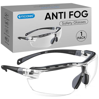TICONN Anti-Fog Safety Glasses for Men and Women, ANSI Z87.1 Scratch Proof Eye Goggles with Adjustable Arms and UV Protection - style: 1 Pack/Clear