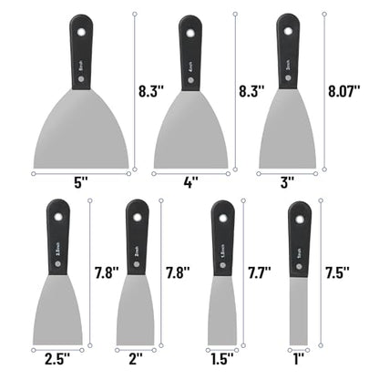 Bates- Putty Knife Set, 7 pcs, Stainless Steel, 1" 1.5" 2" 2.5" 3" 4" 5" Flexible Metal Scraper, Drywall Spackle Knife, Metal Paint Scraper Tool, Putty Knife Scraper, Wall Scraper, Drywall Knife - color: Black Stainless Steel, size: 1", 1.5", 2", 2.5", 3"