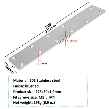 8 Pack 10-7/8" x 2" Flat Mending Plate, Stainless Steel Straight Bracket, Long Metal Repair Fixing Joiner Plate for Wood Furniture - size: 10-7/8" X 2"