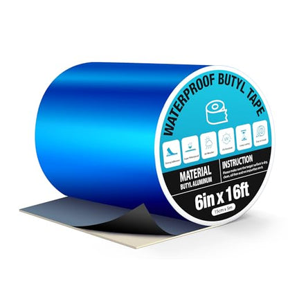 Super Waterproof Tape 6 in x 16ft, Self Adhesive Leak Proof Pool Cover Repair Tape High Strength Blue Butyl Sealant Tape for RV Roof, Roof Crack, Pool Liner Patch, Pipe Leak - size: 6in x 16ft