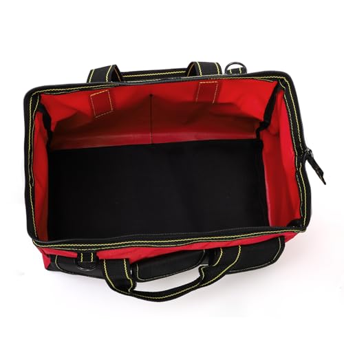 Hiceeden 16 Inch Wide Mouth Tool Bag, Collapsible Tool Tote with Waterproof Coating and Adjustable Strap, Portable Electrician Tool Organizer Handbag with 5 Outside Pockets, Red