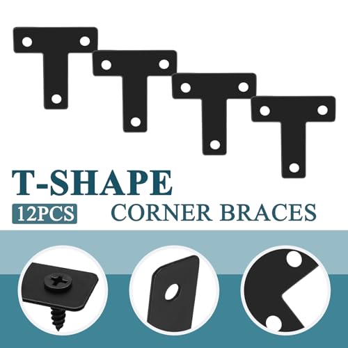 12 Pcs 1.55" x 1.55" T-Shape Flat Corner Brace Brackets, Mending Repair Plates Corner Brackets with Screws, Black - size: 1.55", style: T-Shape