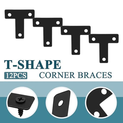 12 Pcs 1.55" x 1.55" T-Shape Flat Corner Brace Brackets, Mending Repair Plates Corner Brackets with Screws, Black - size: 1.55", style: T-Shape